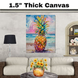 Watercolor Painting of Bright Pineapple with Tropical Ocean Waves and Colorful Sunset Sky on Ready to Hang 1.5" Thick Canvas Wrap, Floating Framed Canvas, Flat Rolled Canvas
