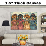 Victorian Dachshund Art Print with Four Sausage Dogs in Elegant Dresses A Whimsical Hand Drawn Dog Illustration Perfect for Unique Home or Gift Decor on Ready to Hang 1.5" Thick Canvas Wrap, Floating Framed Canvas, Flat Rolled Canvas