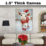Whimsical Christmas Cow Ice Skating with Red Santa Hat and Snowflake Scarf Festive Farm Animal Illustration for Country Winter Décor and Holiday Cheer on Ready to Hang 1.5" Thick Canvas Wrap, Floating Framed Canvas, Flat Rolled Canvas