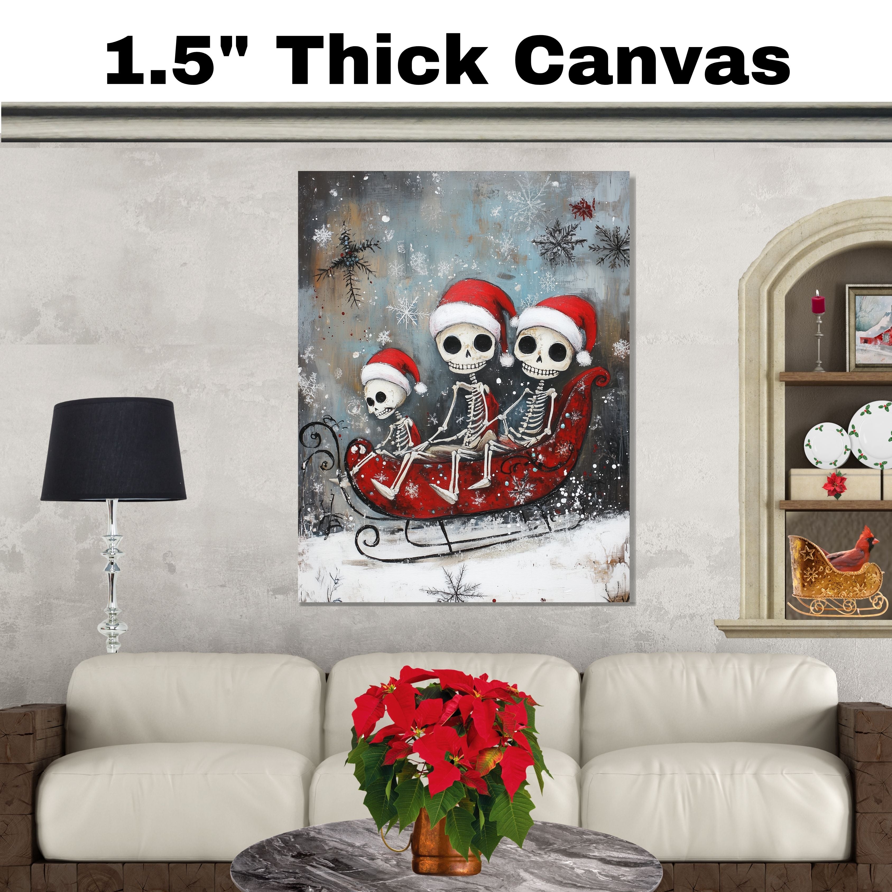 Whimsical Skeleton Family Sleigh Ride Christmas Print – Spooky Cute Holiday Decor with Santa Hats, Red Sleigh & Snowflakes, Gothic Winter Wall Art on Ready to Hang 1.5" Thick Canvas Wrap, Floating Framed Canvas, Flat Rolled Canvas