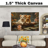 Two Adorable Fluffy Puppies by a Lily Pond with Flowers, Impressionist Style Painting, Peaceful Nature Scene with Water Reflections and Blossoms on Ready to Hang 1.5" Thick Canvas Wrap, Floating Framed Canvas, Flat Rolled Canvas