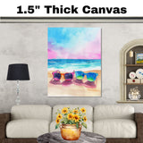 Colorful Sunglasses on Sandy Beach with Vibrant Ocean Waves and Pink Blue Sky in Watercolor Summer Coastal Illustration on Ready to Hang 1.5" Thick Canvas Wrap, Floating Framed Canvas, Flat Rolled Canvas
