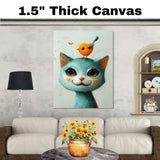 Playful Blue Cat with Cute Yellow Bird on Head Fun Animal Illustration for Nursery Kids Room and Pet Lovers Adorable Gift for Cat and Bird Fans on Ready to Hang 1.5" Thick Canvas Wrap, Floating Framed Canvas, Flat Rolled Canvas