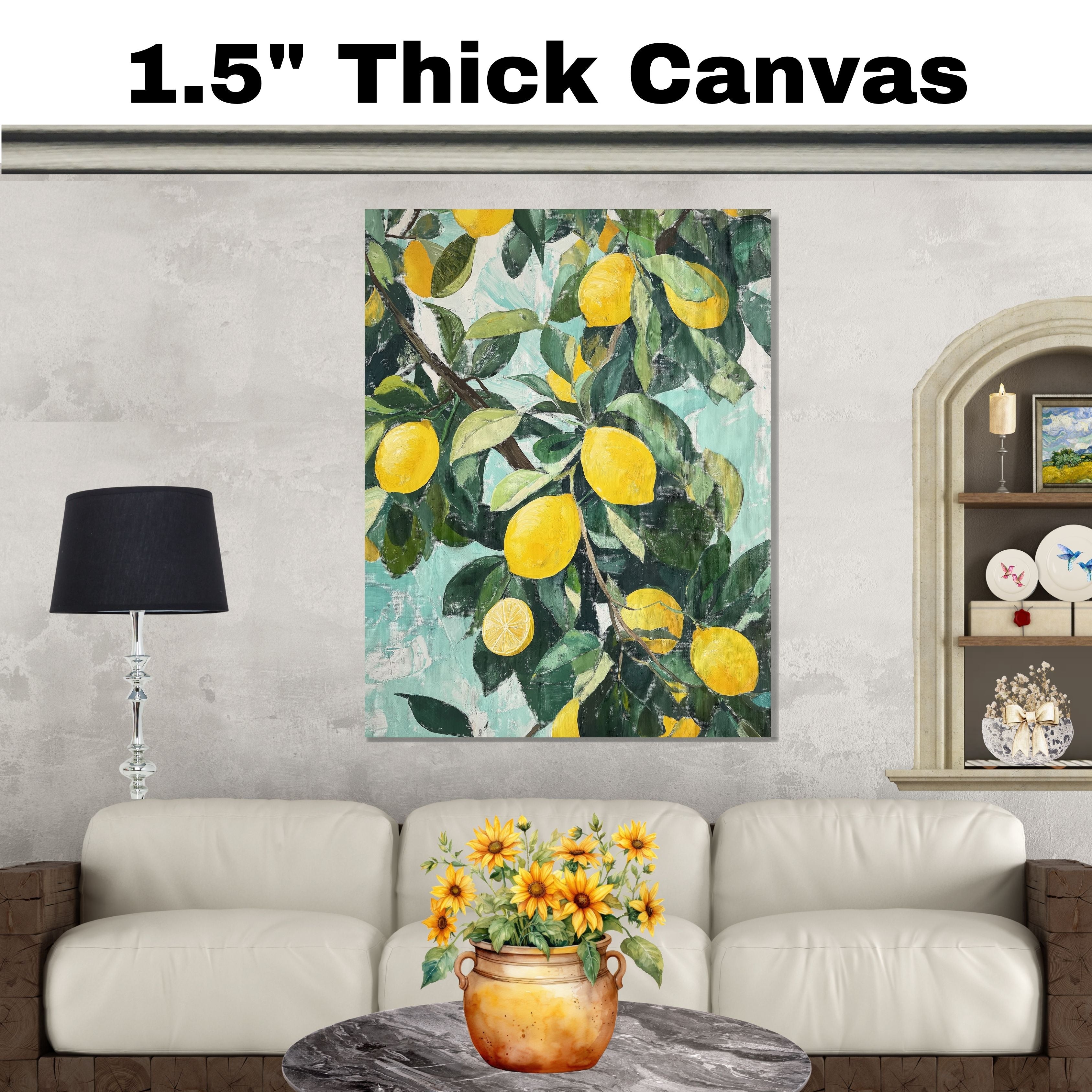 Vintage Lemon Tree Branch with Ripe Yellow Lemons and Green Leaves Artistic Botanical Illustration for Kitchen or Dining Room Rustic Farmhouse Fruit Art