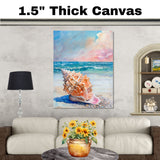 Watercolor Painting of a Large Orange Seashell on Sandy Beach with Ocean Waves and Colorful Sky at Sunset on Ready to Hang 1.5" Thick Canvas Wrap, Floating Framed Canvas, Flat Rolled Canvas