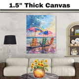 Watercolor Painting of Beach Chairs & Umbrellas by the Shore – Coastal Scene on Ready to Hang 1.5" Thick Canvas Wrap, Floating Framed Canvas, Flat Rolled Canvas