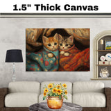 Painting of Two Adorable Kittens Wrapped in Colorful Blankets with Big Eyes and Soft Fur Cuddling Together in a Warm Cozy Setting with Rich Textured Brushwork on Ready to Hang 1.5" Thick Canvas Wrap, Floating Framed Canvas, Flat Rolled Canvas