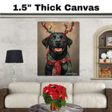 "Rustic Antlers" - Black Labrador Dog with Christmas Lights & Cozy Scarf on Rustic Background, Ready to Hang 1.5" Thick Canvas Wrap, Floating Framed Canvas, Flat Rolled Canvas