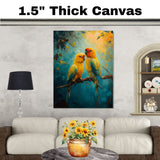 Golden Yellow Lovebirds on a Branch with Bold Jungle Background in Artistic Detail on Ready to Hang 1.5" Thick Canvas Wrap, Floating Framed Canvas, Flat Rolled Canvas