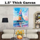 Colorful Sailboat Watercolor Painting with Ocean Reflections and Flying Birds Under Sunset Sky on Ready to Hang 1.5" Thick Canvas Wrap, Floating Framed Canvas, Flat Rolled Canvas