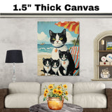 Seaside Serenity: Tuxedo Cat Mom and Three Kittens Relaxing Under a Beach Umbrella on Ready to Hang 1.5" Thick Canvas Wrap, Floating Framed Canvas, Flat Rolled Canvas
