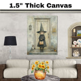 Whimsical Halloween Portrait of Little Witch Girl with Vintage Purse and Kitten on an Aged Porch, Subtle Spooky Charm in Soft Muted Autumn Tones on Ready to Hang 1.5" Thick Canvas Wrap, Floating Framed Canvas, Flat Rolled Canvas