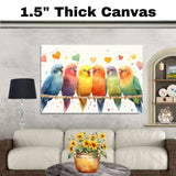 Watercolor Painting of Colorful Lovebirds on a Rope with Heart Accents — Vibrant Rainbow Birds Illustration in Playful and Whimsical Style on Ready to Hang 1.5" Thick Canvas Wrap, Floating Framed Canvas, Flat Rolled Canvas