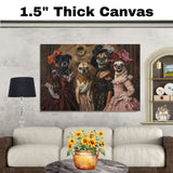 Victorian Dog Art Print of Four Elegant Pug Ladies in Gowns Perfect Gift for Dog Lovers Unique Pet Decor for Home Office or Whimsical Wall Display on Ready to Hang 1.5" Thick Canvas Wrap, Floating Framed Canvas, Flat Rolled Canvas