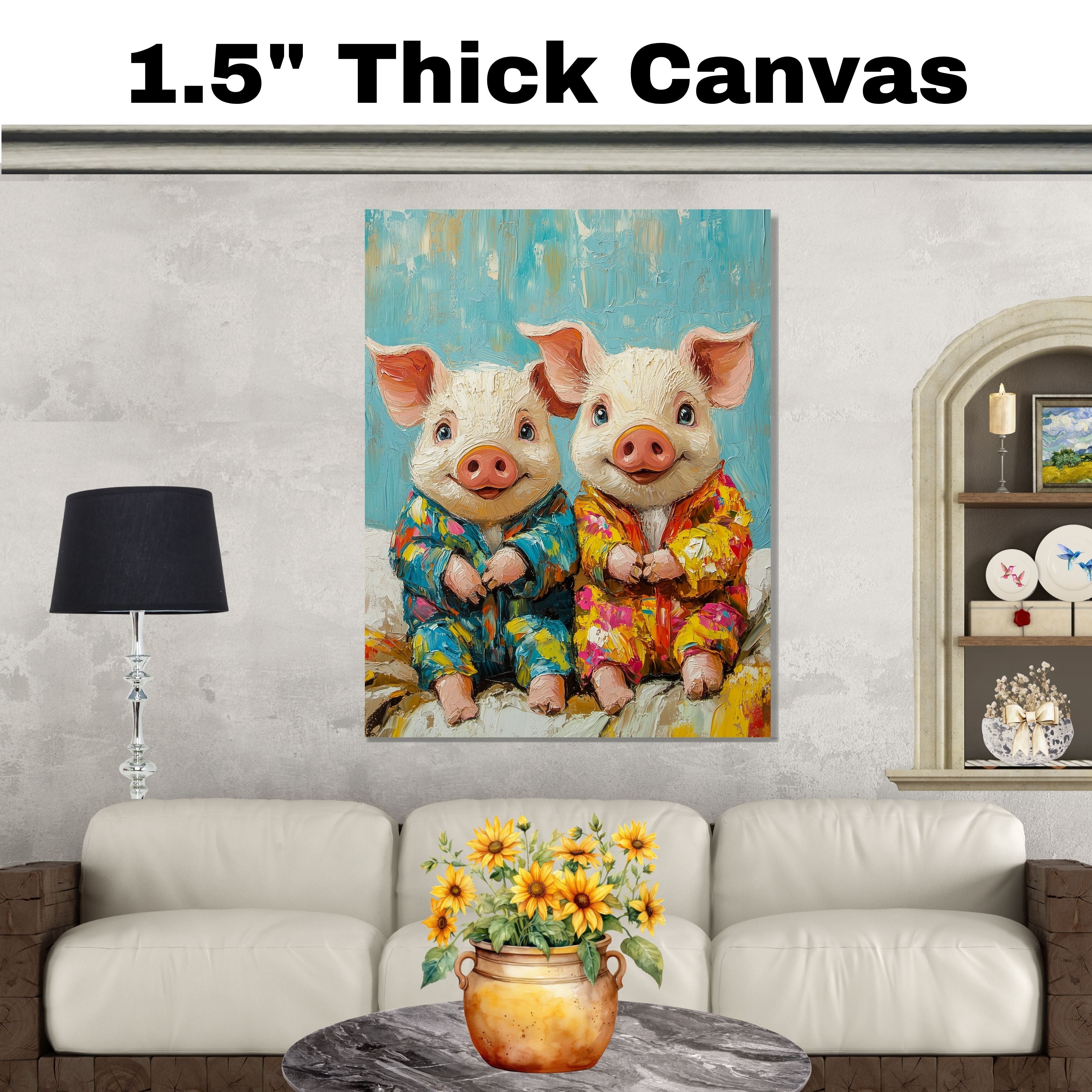 Joyful Painting of Two Cute Piglets in Bright Floral Pajamas Sitting Happily with Playful Expressions in a Textured Whimsical Style on Ready to Hang 1.5" Thick Canvas Wrap, Floating Framed Canvas, Flat Rolled Canvas