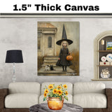 Little Witch Girl with Pumpkin and Cats on Porch – Whimsical Halloween Folk Art Illustration on Ready to Hang 1.5" Thick Canvas Wrap, Floating Framed Canvas, Flat Rolled Canvas
