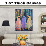 Three Colorful Ghosts in a Vibrant Abstract Forest, Spooky Yet Playful Halloween-Inspired Scene with Bold Brushstrokes and Bright Neon Paint Textures on Ready to Hang 1.5" Thick Canvas Wrap, Floating Framed Canvas, Flat Rolled Canvas