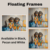 Painting of Two Cute Dachshund Puppies in Colorful Pajamas Sitting on a Bed with Big Eyes and Floppy Ears in a Whimsical Cozy Setting with Playful Brush Strokes on Ready to Hang 1.5" Thick Canvas Wrap, Floating Framed Canvas, Flat Rolled Canvas