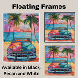 Watercolor Painting of Retro Car on Tropical Beach at Sunset with Palm Trees and Ocean Horizon on Ready to Hang 1.5" Thick Canvas Wrap, Floating Framed Canvas, Flat Rolled Canvas
