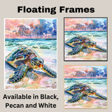 Watercolor Sea Turtle on Shore with Ocean Waves and Sunset Sky in Coastal Marine Life Painting for Beach Lovers on Ready to Hang 1.5" Thick Canvas Wrap, Floating Framed Canvas, Flat Rolled Canvas