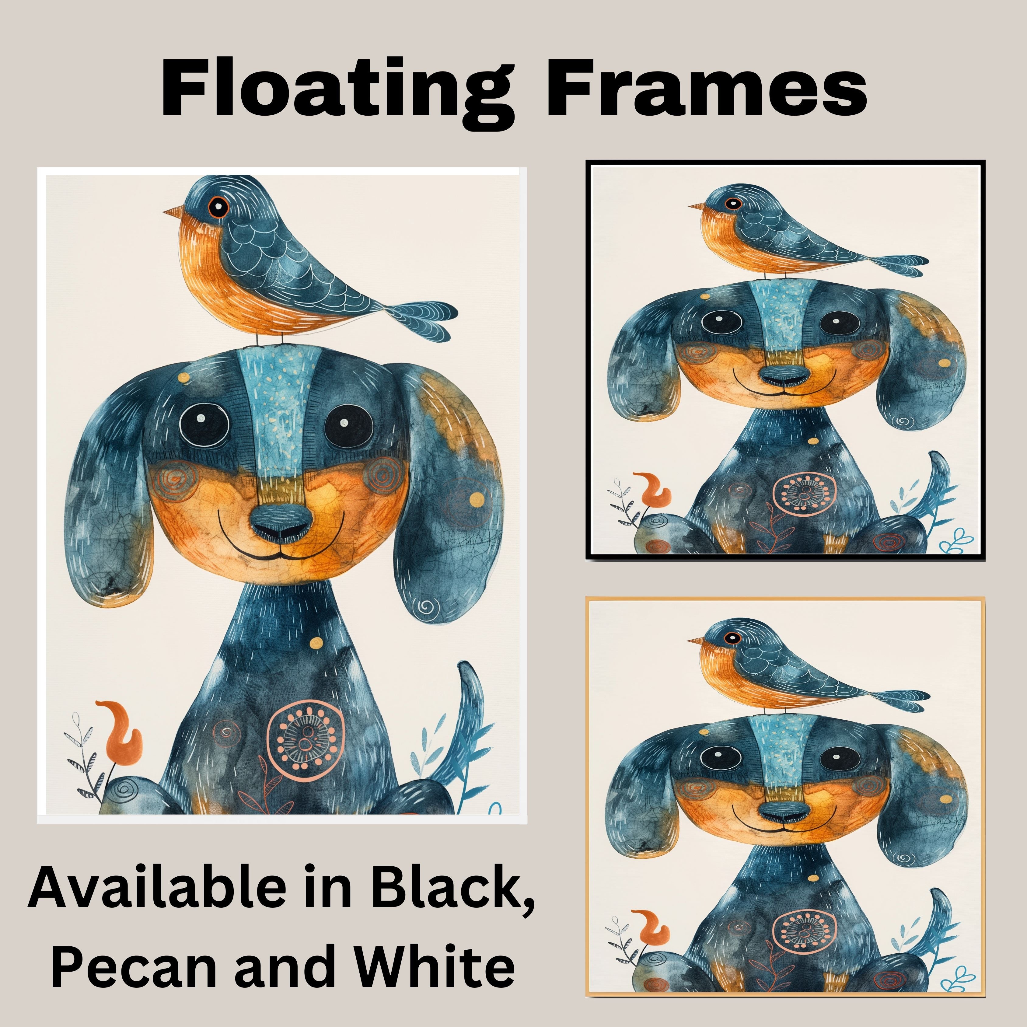 Whimsical Dachshund Dog with Blue Bird on Head Colorful Folk Style Animal Illustration for Kids Room or Nursery Perfect for Dog and Bird Art Lovers