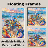 Watercolor Painting of a Vibrant Lobster on the Shore with Ocean Reflections and Colorful Sunset Sky in Coastal Marine Style on Ready to Hang 1.5" Thick Canvas Wrap, Floating Framed Canvas, Flat Rolled Canvas