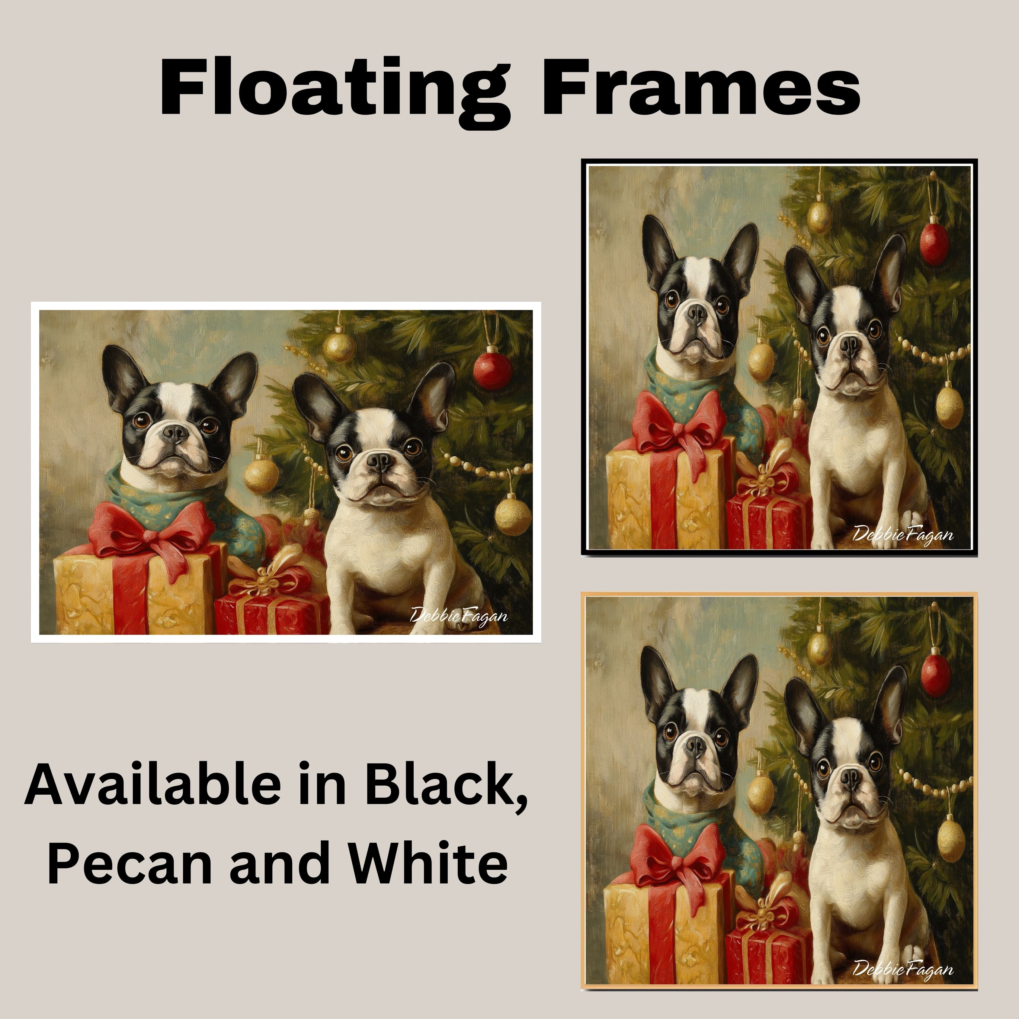 Christmas Canvas  - "Frenchie Festive Cheer" - French Bulldogs with Vintage Christmas Tree and Presents on Ready to Hang 1.5" Thick Canvas Wrap, Floating Framed Canvas, Flat Rolled Canvas