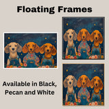 Whimsical Trio of Dachshund Dogs in Overalls and Floral Shirts Under Stars Fun and Cheerful Pet Wall Decor for Bedroom Nursery or Gift for Dog Lovers on Ready to Hang 1.5" Thick Canvas Wrap, Floating Framed Canvas, Flat Rolled Canvas