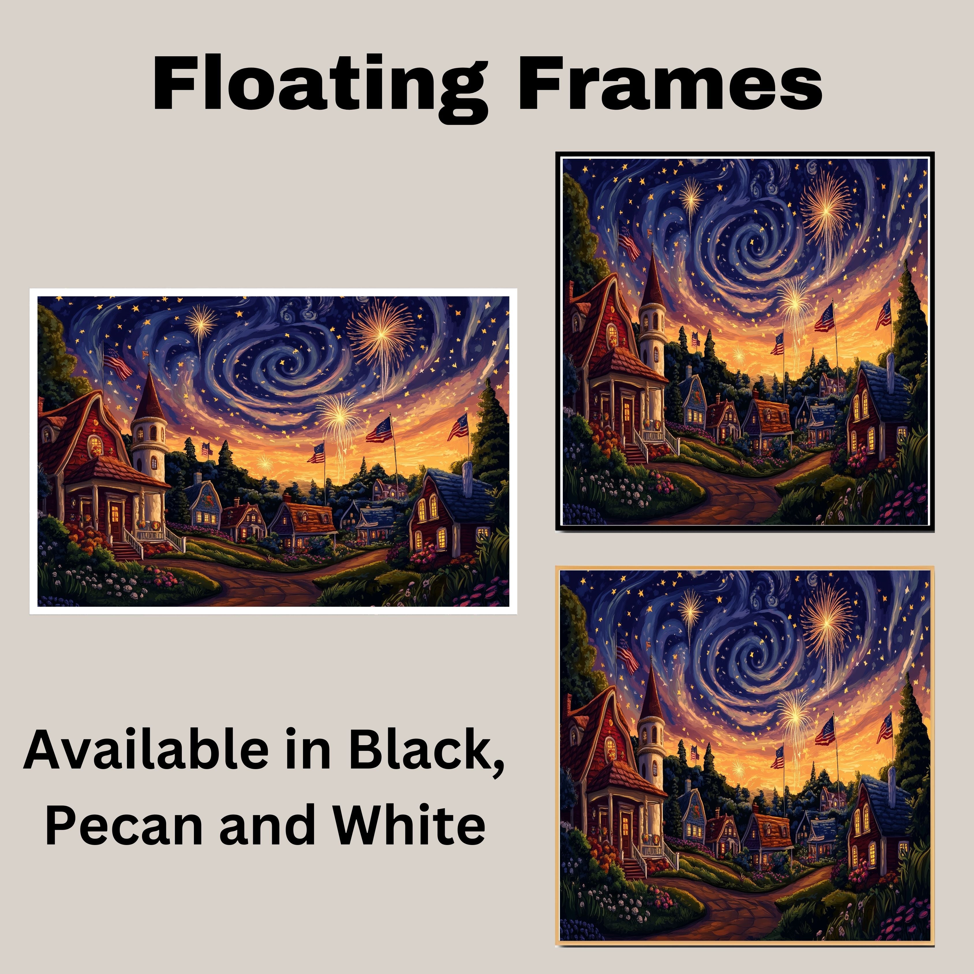Whimsical 4th of July Village with Fireworks, American Flags, and Glowing Cottages Under a Swirling Starry Sky, Festive Celebration of Patriotism and Magic on Ready to Hang 1.5" Thick Canvas Wrap, Floating Framed Canvas, Flat Rolled Canvas