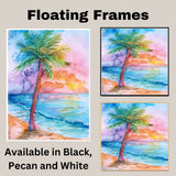 Tropical Palm Tree and Ocean Waves Watercolor Painting with Sunset Sky on Ready to Hang 1.5" Thick Canvas Wrap, Floating Framed Canvas, Flat Rolled Canvas