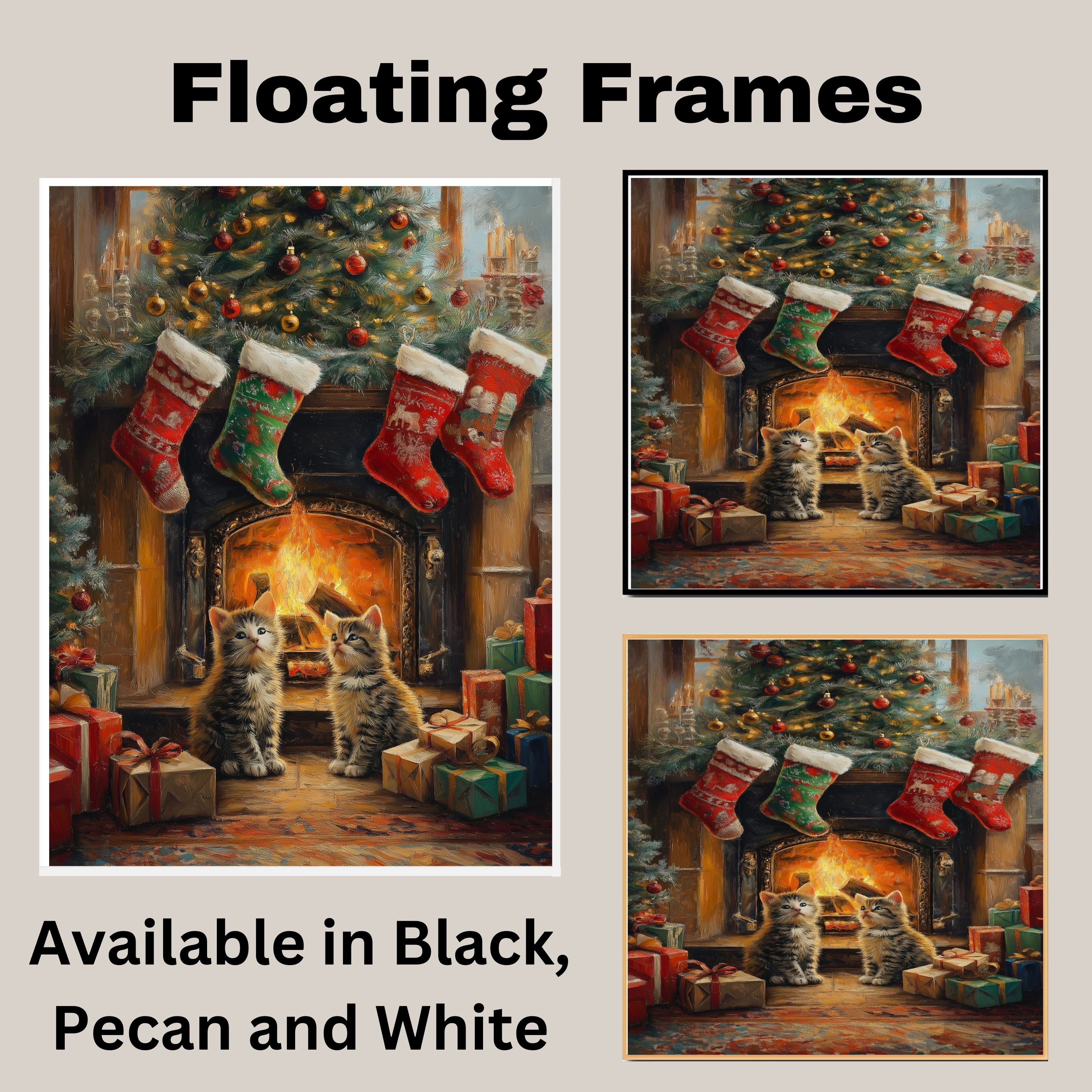 Adorable Christmas Kittens Sitting by Fireplace with Stockings and Tree Festive Holiday Scene Perfect for Home Winter Decor and Seasonal Gift on Ready to Hang 1.5" Thick Canvas Wrap, Floating Framed Canvas, Flat Rolled Canvas