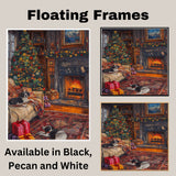 Vintage Christmas Living Room with Tree, Fireplace, and Sleeping Puppies, Cozy Holiday Scene with Warm Lights, Gifts, and Festive Garland on Ready to Hang 1.5" Thick Canvas Wrap, Floating Framed Canvas, Flat Rolled Canvas