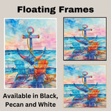 Watercolor Painting of Adirondack Chairs Facing Ocean with Large Anchor and Colorful Sunset Sky in Coastal Style on Ready to Hang 1.5" Thick Canvas Wrap, Floating Framed Canvas, Flat Rolled Canvas