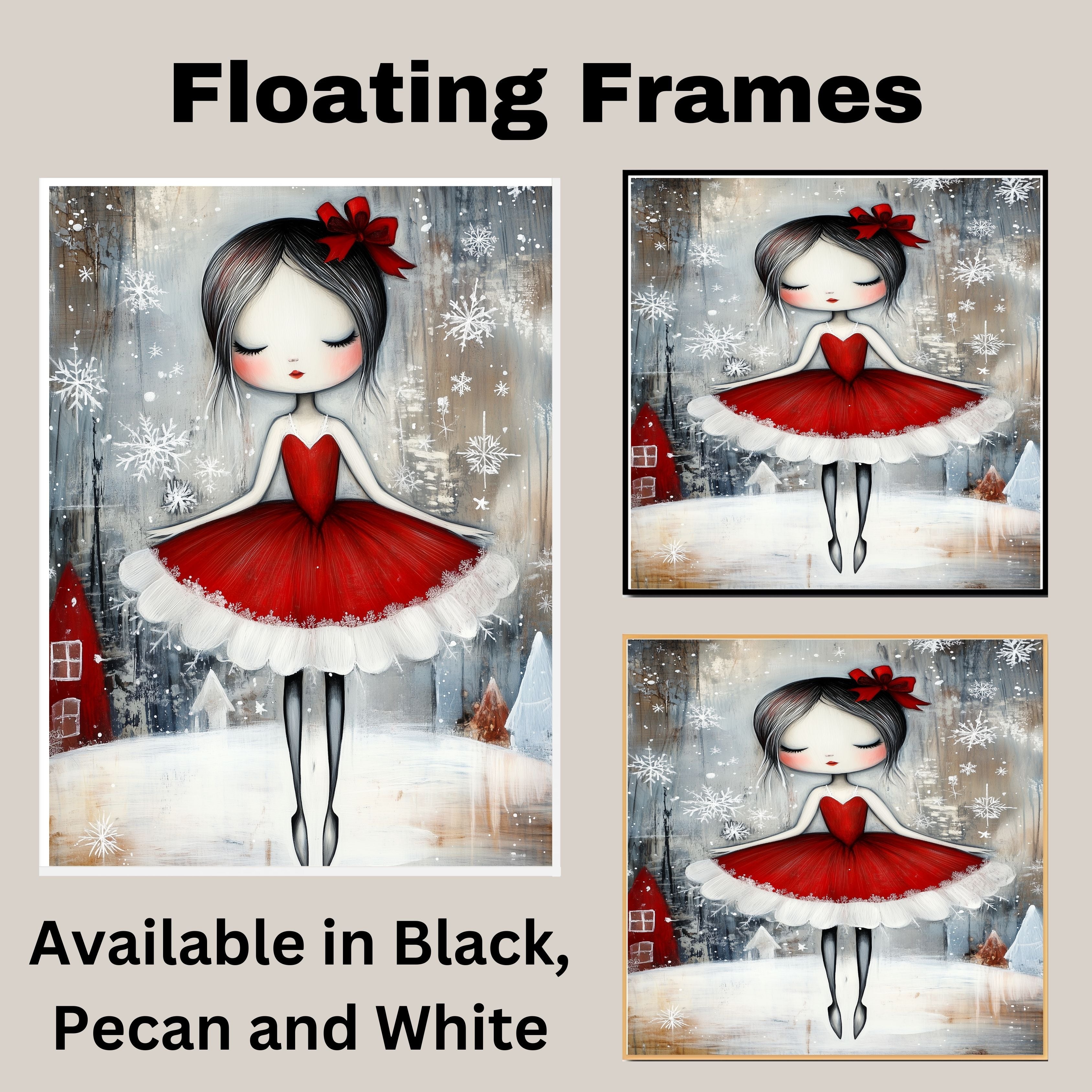 Whimsical Christmas Ballerina in Red Dress Snowy Ballet Dancer Wall Art, Winter Holiday Girl Illustration, Festive Nursery or Ballet Lover Decor Print on Ready to Hang 1.5" Thick Canvas Wrap, Floating Framed Canvas, Flat Rolled Canvas