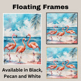 Watercolor Flamingos at Beach with Tropical Ocean Background and Palm Leaves in Vibrant Colors on Ready to Hang 1.5" Thick Canvas Wrap, Floating Framed Canvas, Flat Rolled Canvas