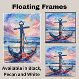 Watercolor Painting of a Multicolored Anchor on the Beach with Ocean Waves and Sunset Sky in Nautical Coastal Style on Ready to Hang 1.5" Thick Canvas Wrap, Floating Framed Canvas, Flat Rolled Canvas