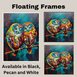 Vibrant Owl Pair Artwork Featuring Multicolor Plumage and Large Blue Eyes Perched on a Branch with Rich Abstract Background in Teal Red and Yellow Accents on Ready to Hang 1.5" Thick Canvas Wrap, Floating Framed Canvas, Flat Rolled Canvas