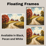 Winding Country Road to Red Barns – Autumn Folk Art Print Featuring Rustic Landscape and Fall Colors on Ready to Hang 1.5" Thick Canvas Wrap, Floating Framed Canvas, Flat Rolled Canvas