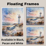 Majestic Lighthouse Overlooking Ocean Waves at Sunset with Soaring Seagulls in Tranquil Coastal Watercolor Scene on Ready to Hang 1.5" Thick Canvas Wrap, Floating Framed Canvas, Flat Rolled Canvas