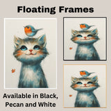 Charming Painting of a Kitten with Bright Blue Eyes and a Robin on Its Head Perfect for Whimsical Animal Decor or Unique Gifts for Cat and Bird Lovers on Ready to Hang 1.5" Thick Canvas Wrap, Floating Framed Canvas, Flat Rolled Canvas