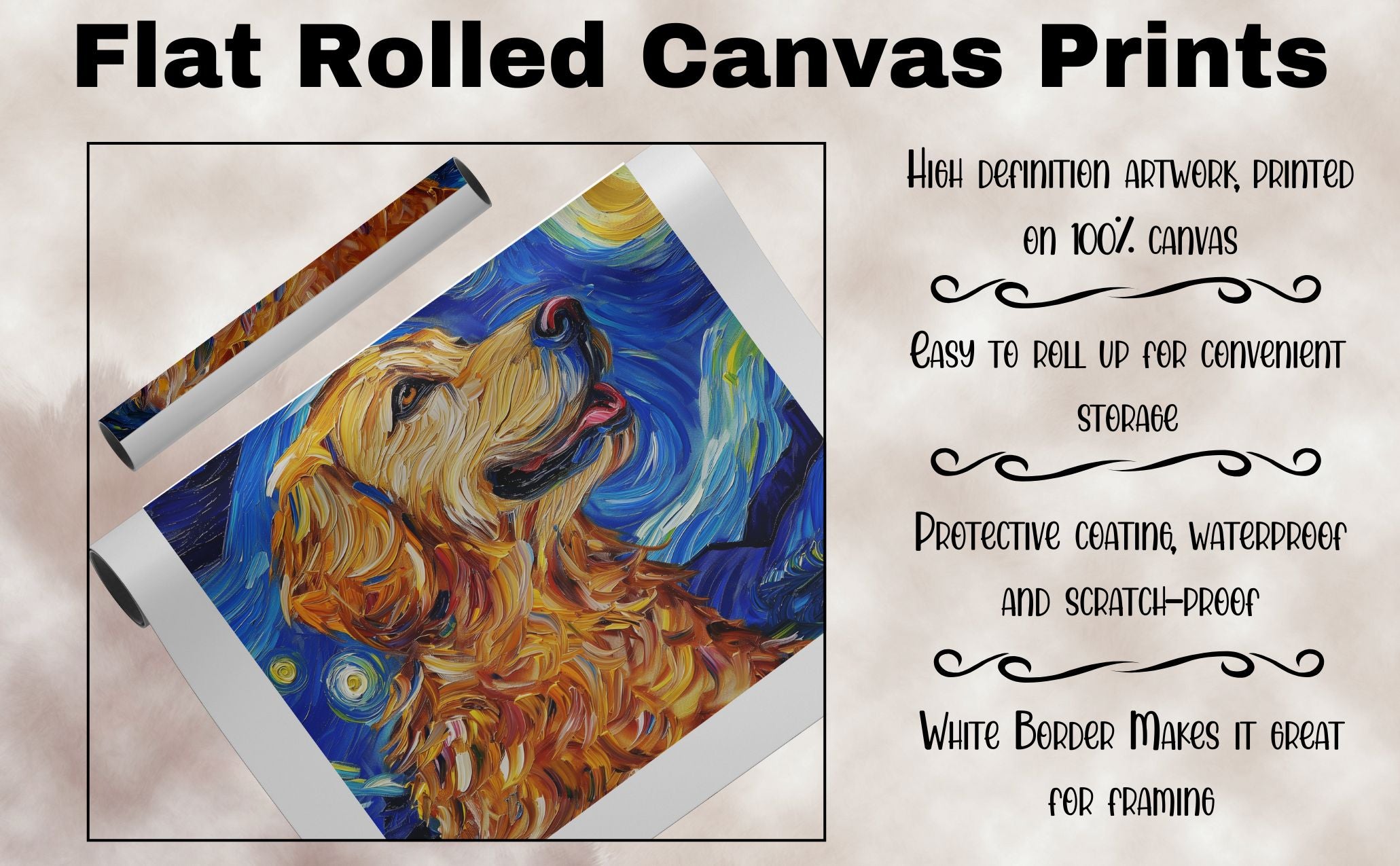 Adorable Puppies by the Pond – Impressionist Style Dog on Ready to Hang 1.5" Thick Canvas Wrap, Floating Framed Canvas, Flat Rolled Canvas