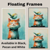 Whimsical Painting of a Smiling Orange Cat with a Happy Bird on Its Head Perfect for Animal Lovers and Playful Home or Nursery Decor on Ready to Hang 1.5" Thick Canvas Wrap, Floating Framed Canvas, Flat Rolled Canvas