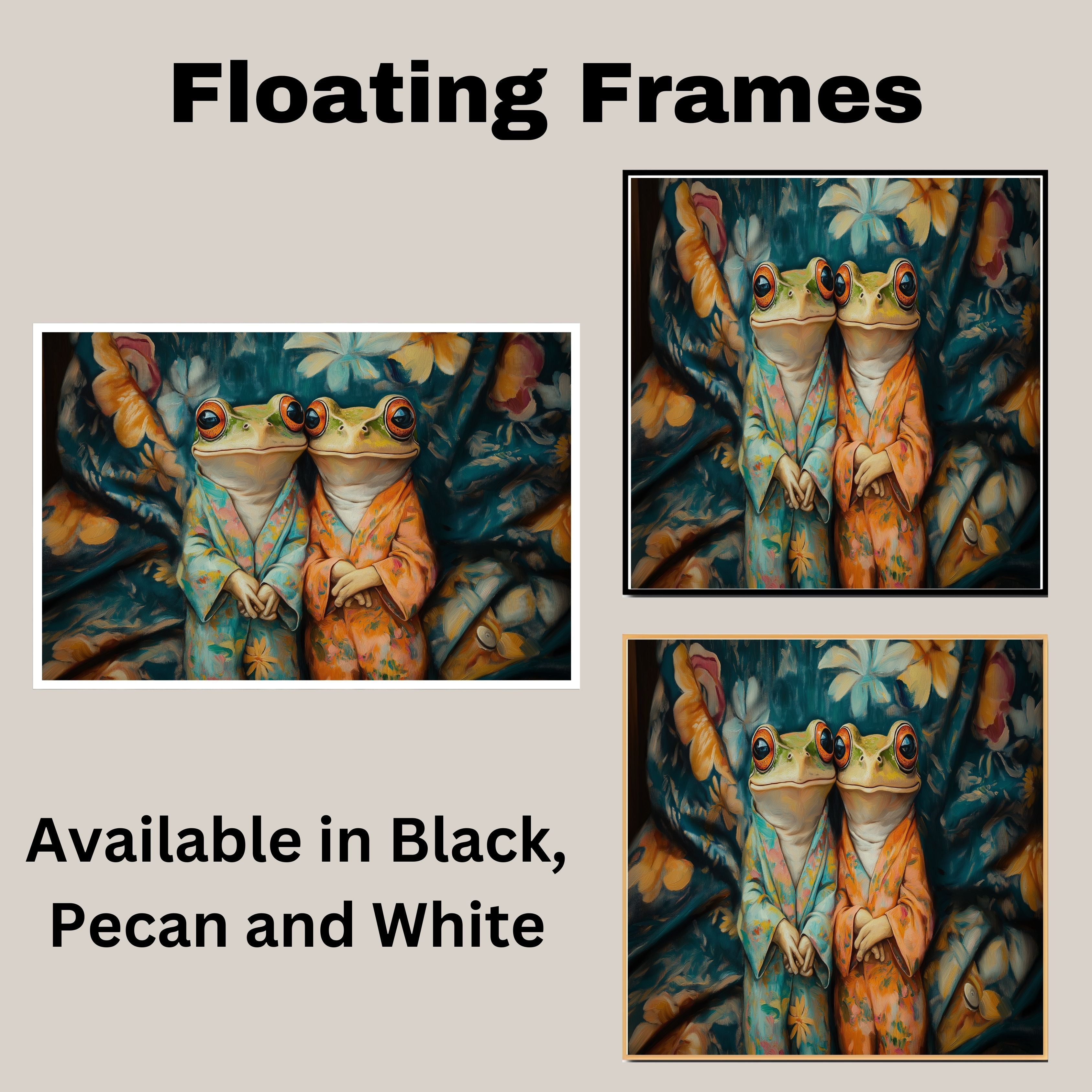 Elegant Painting of Two Frogs in Floral Pajamas Sitting Together with Gentle Expressions on a Bold Botanical Background in Teal and Warm Orange Hues on Ready to Hang 1.5" Thick Canvas Wrap, Floating Framed Canvas, Flat Rolled Canvas