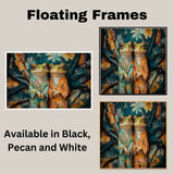 Elegant Painting of Two Frogs in Floral Pajamas Sitting Together with Gentle Expressions on a Bold Botanical Background in Teal and Warm Orange Hues on Ready to Hang 1.5" Thick Canvas Wrap, Floating Framed Canvas, Flat Rolled Canvas
