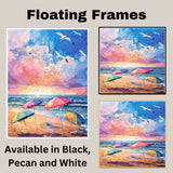 Watercolor Painting of Colorful Beach Umbrellas and Seagulls at Sunset on Ready to Hang 1.5" Thick Canvas Wrap, Floating Framed Canvas, Flat Rolled Canvas