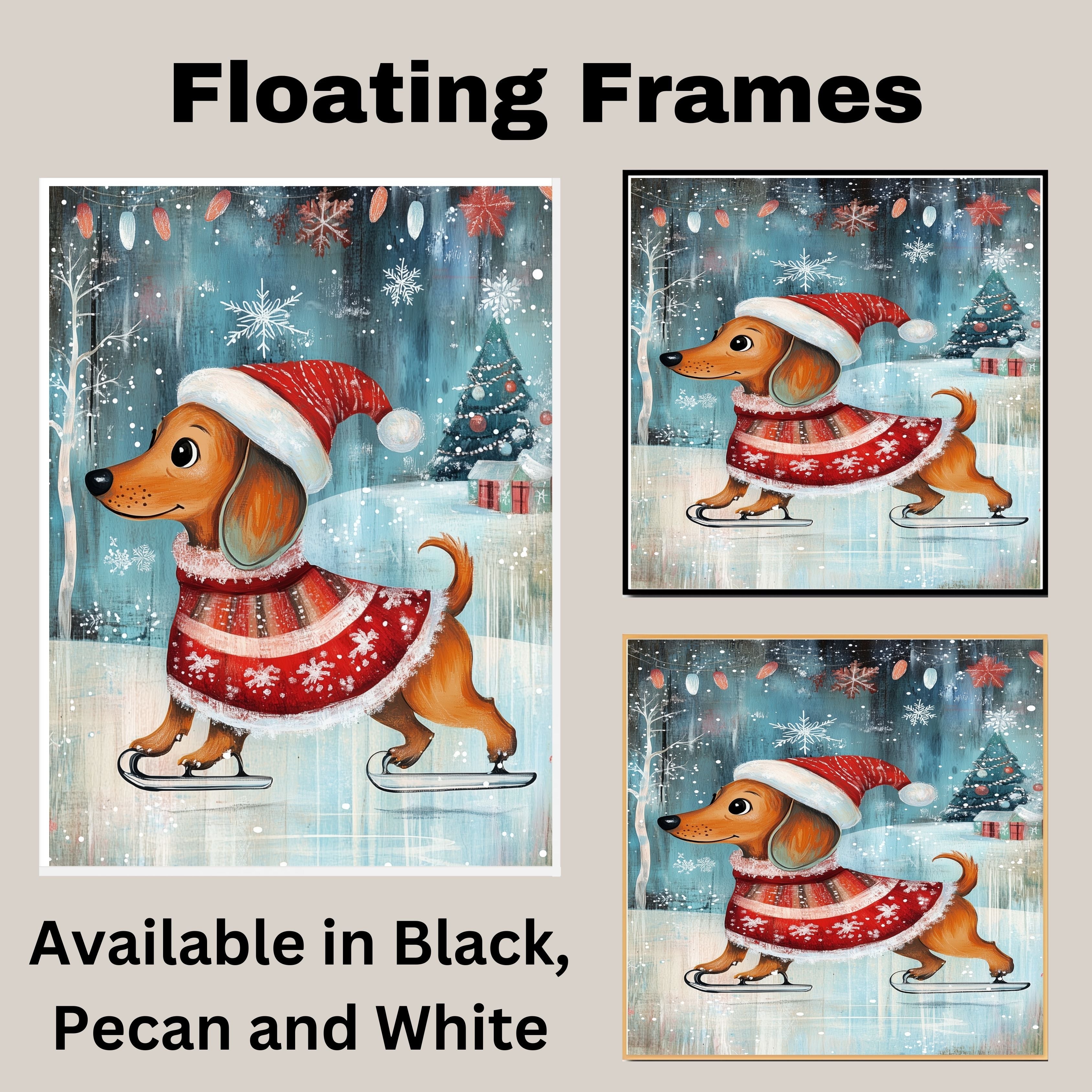 Adorable Christmas Dachshund Dog Ice Skating in Santa Hat and Festive Sweater Whimsical Holiday Art for Winter Pet Lovers and Seasonal Home Décor on Ready to Hang 1.5" Thick Canvas Wrap, Floating Framed Canvas, Flat Rolled Canvas