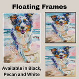 Energetic Multicolor Dog Running on Beach in Watercolor with Ocean Waves and Sky for Pet Lovers and Coastal Wall Art on Ready to Hang 1.5" Thick Canvas Wrap, Floating Framed Canvas, Flat Rolled Canvas