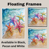 Colorful Watercolor Painting of Starfish on a Sandy Shoreline with Ocean Waves on Ready to Hang 1.5" Thick Canvas Wrap, Floating Framed Canvas, Flat Rolled Canvas