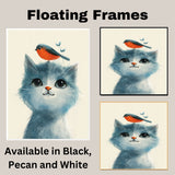 Playful Painting of a Wide-Eyed Blue Kitten with a Bright Orange Bird on Its Head Perfect for Whimsical Decor or a Thoughtful Gift for Animal Lovers on Ready to Hang 1.5" Thick Canvas Wrap, Floating Framed Canvas, Flat Rolled Canvas