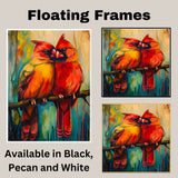 Romantic Cardinal Pair Artwork Featuring Bright Red and Golden Plumage Perched on a Branch Against a Lush Teal and Yellow Abstract Forest Background on Ready to Hang 1.5" Thick Canvas Wrap, Floating Framed Canvas, Flat Rolled Canvas